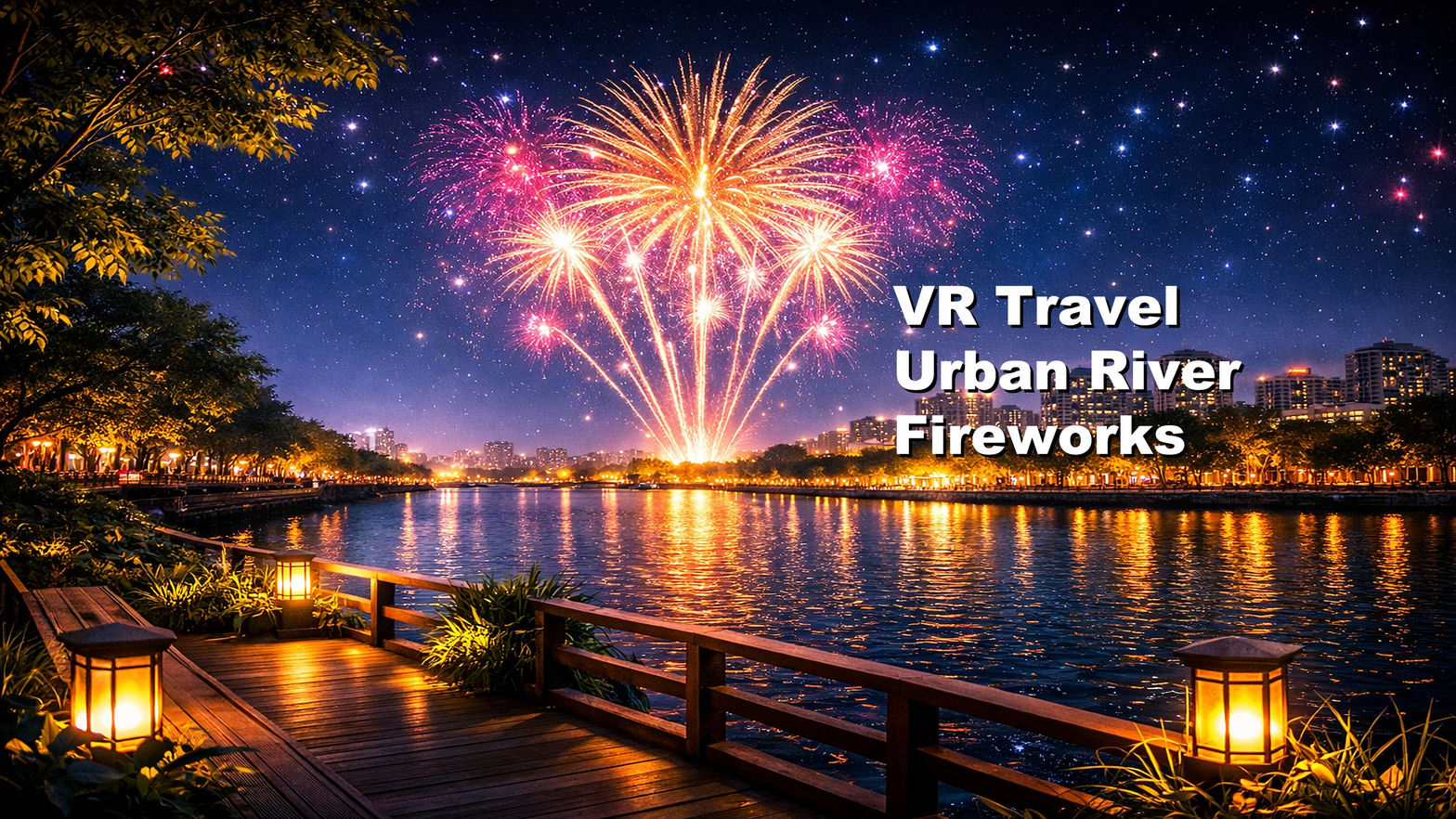 VR Travel Urban River Fireworks